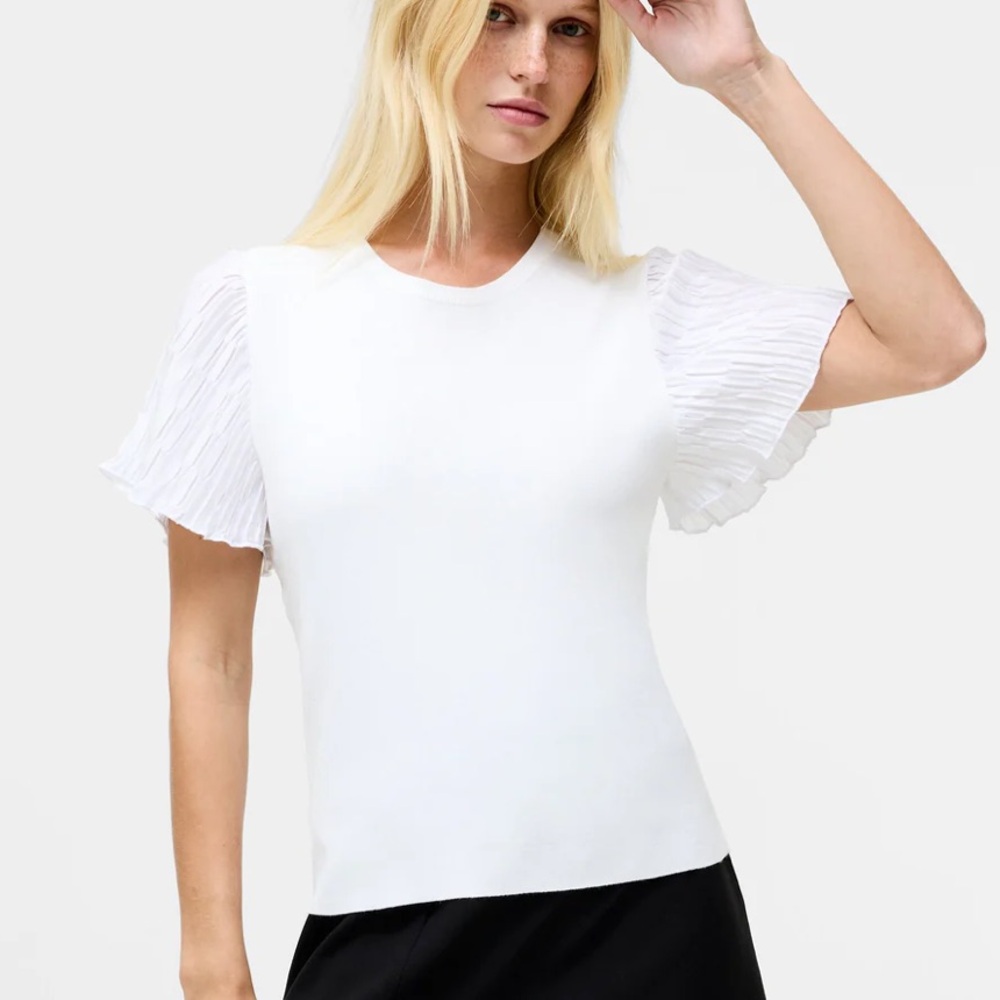 FRENCH CONNECTION White Button Up Collared Pleated Short Sleeve Shirt XS NWOT